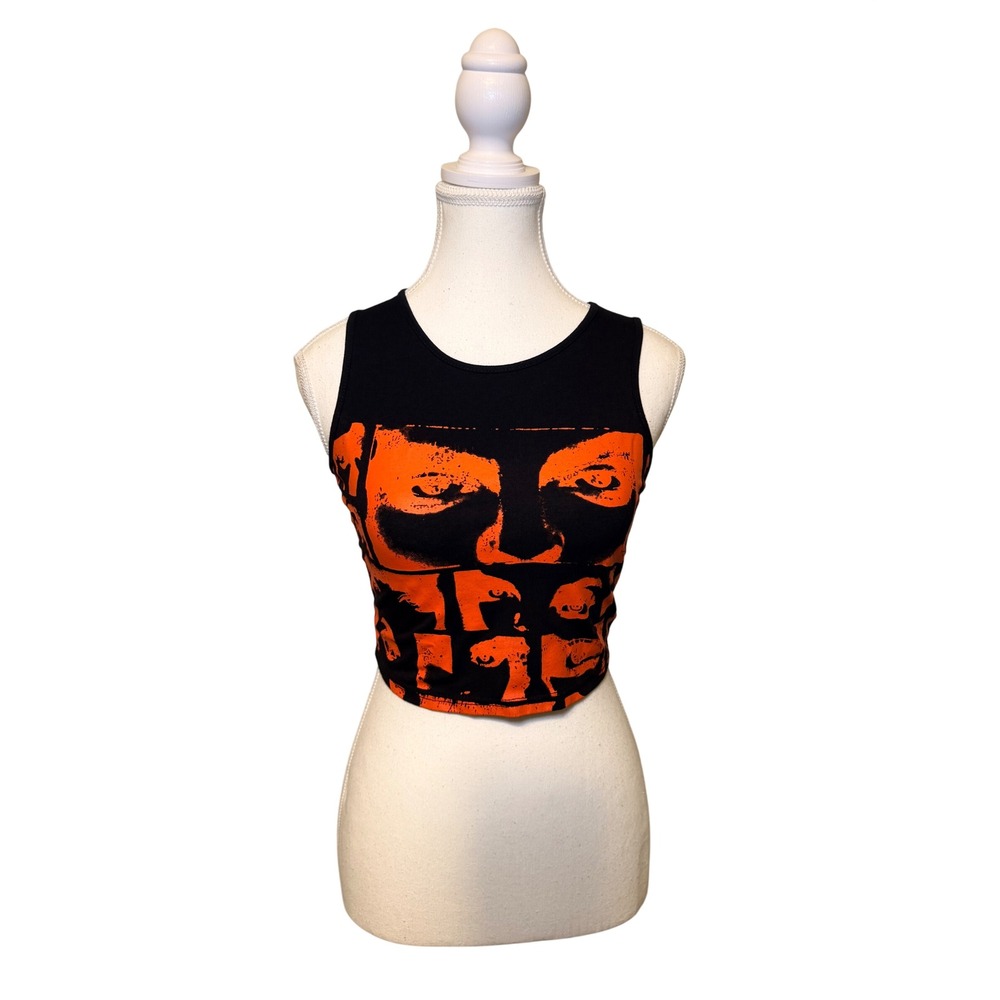 Grunge Graphic Crop Tank Y2K Alt Face Print Black Orange XS S